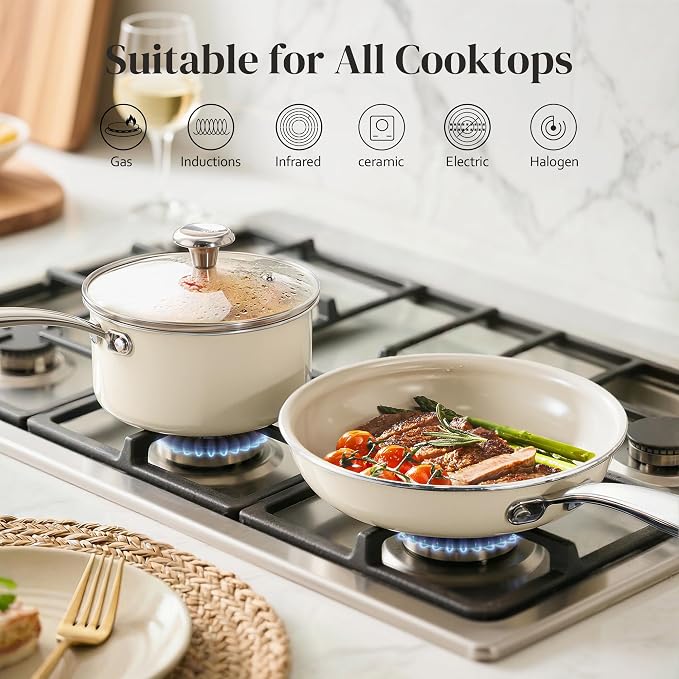 Redchef Nonstick Mini Cookware Set, 8"Ceramic Fry Pan 2.5Qt Sauce Pan with Lid, Fryingpan & Pots Set, Induction Compatible, Nontoxic, Oven Dishwasher Safe, PTFE & PFOA Free, Beige