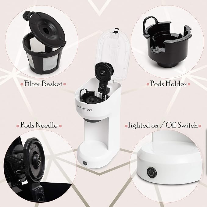 Mixpresso Single Serve Coffee Maker K Cup Coffee Maker for K Pods & Grounds | Compact 800W White Coffee Machine with 14 Oz Water Tank, Fast Brew & Auto Shut-Off, Small Design for Travel RV, Office& Dorm