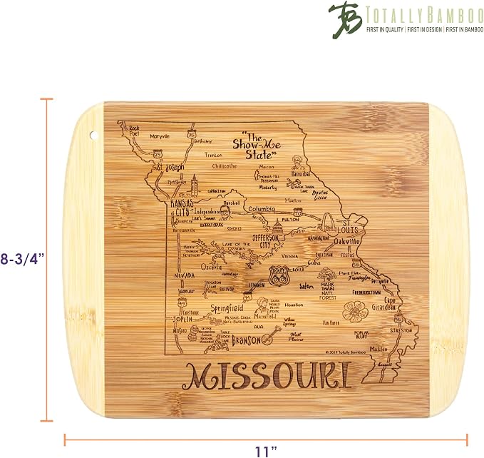Totally Bamboo A Slice of Life Missouri Engraved Map Cutting Board | 11” x 8.75” charcuterie board with engraved state map artwork. Smooth reverse side for food prep. Hang tie for wall display.