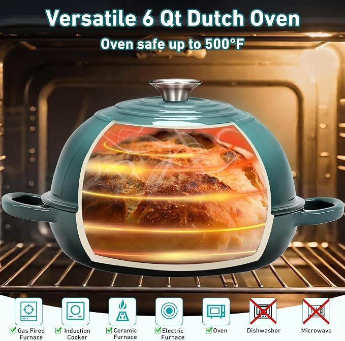 Enameled Bread Oven with Lid, 6 Quart Cast Iron Dutch Oven for Sourdough Baking, Round Heavy Duty Cast Iron Pot with Dome Lid, Seasalt