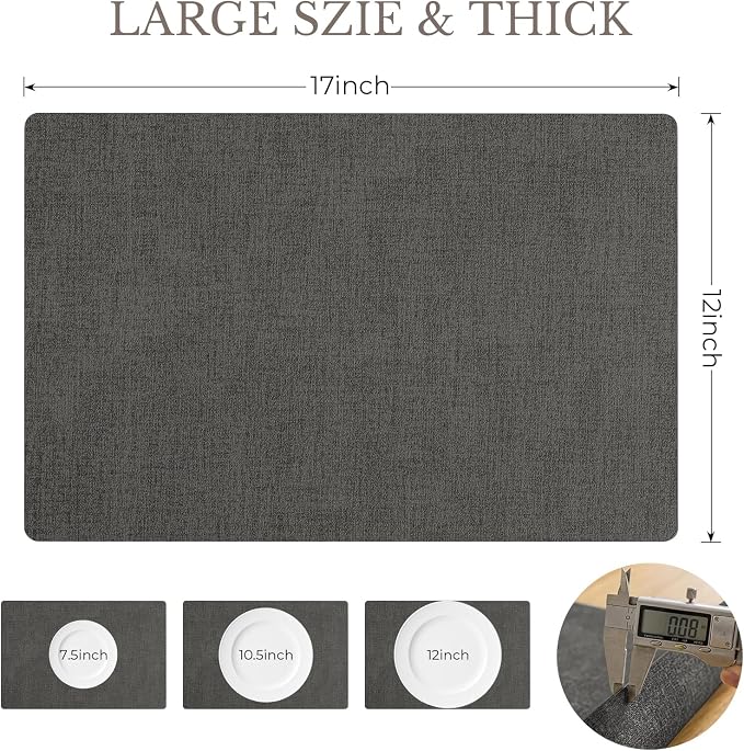 Romanstile Vinyl Placemats Set of 6-12 X 17 Inch - Faux Leather 100% Waterproof Wipeable Anti Slip Place Mats, Heat Resistant Reversible PU Table Mats for Kitchen Dining Party Outdoor, Charcoal