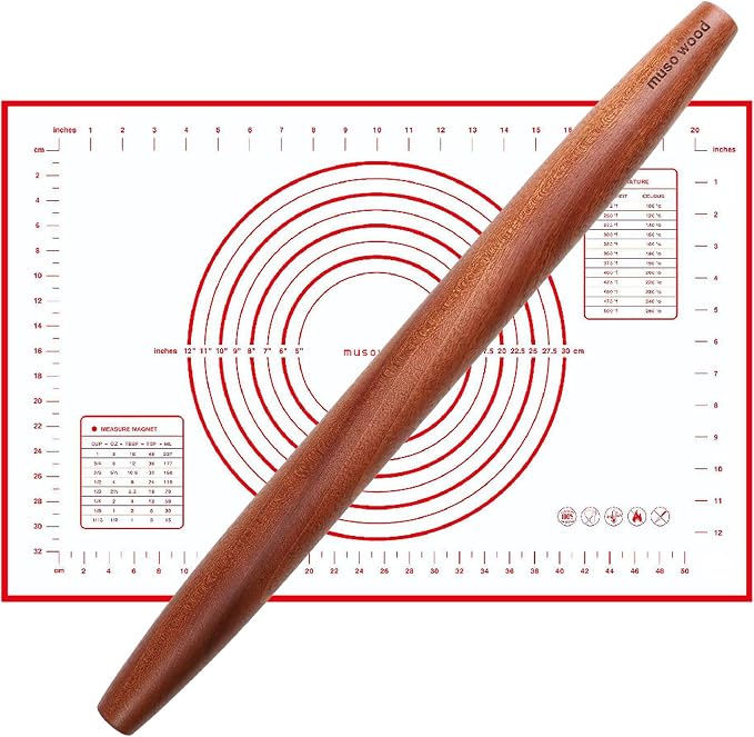 muso wood French Rolling Pin and Silicone Baking Mat Set | Sapele Wooden Rolling Pin 15.75 Inch and Tapered Roller for Fondant, Pie Crust, Cookie, Pastry