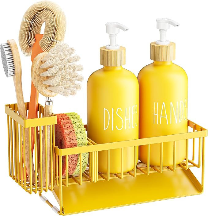 Cisily Kitchen Dish Soap Dispenser Set with 2 Pack 16.9oz Amber Glass Bottle and Sponge Holder, Dish Soap Dispensers with Adjustable Sponge Holder, Vintage Hand and Dish Soap Dispensers Set