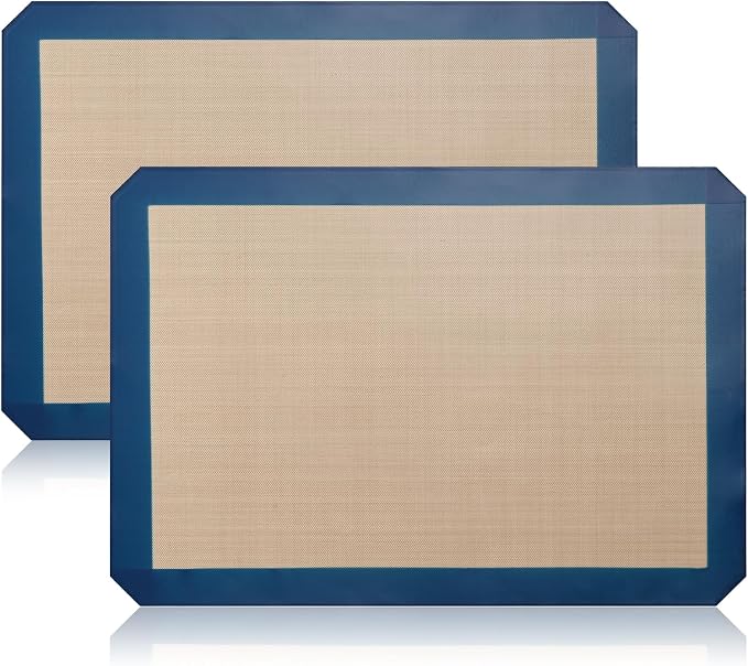 Luckyiren 2 Pack Silicone Oven Liners for Baking, Half Sheet, Blue/Beige | Two 16.54 x 11.62 in blue silicone oven liners for baking fit half sheet pans; reusable nonstick mats for bread and cookies.