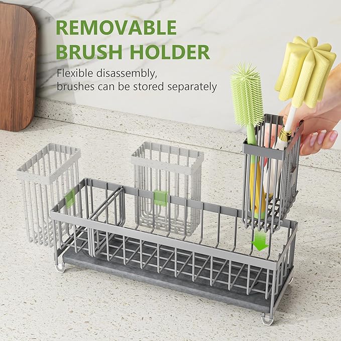 Cisily Extra Large Sink Caddy Organizer with Drying Stone, Gray Sponge Holder for Kitchen, Dish Brush Holder for Countertop, Kitchen Decor Storage and Essentials