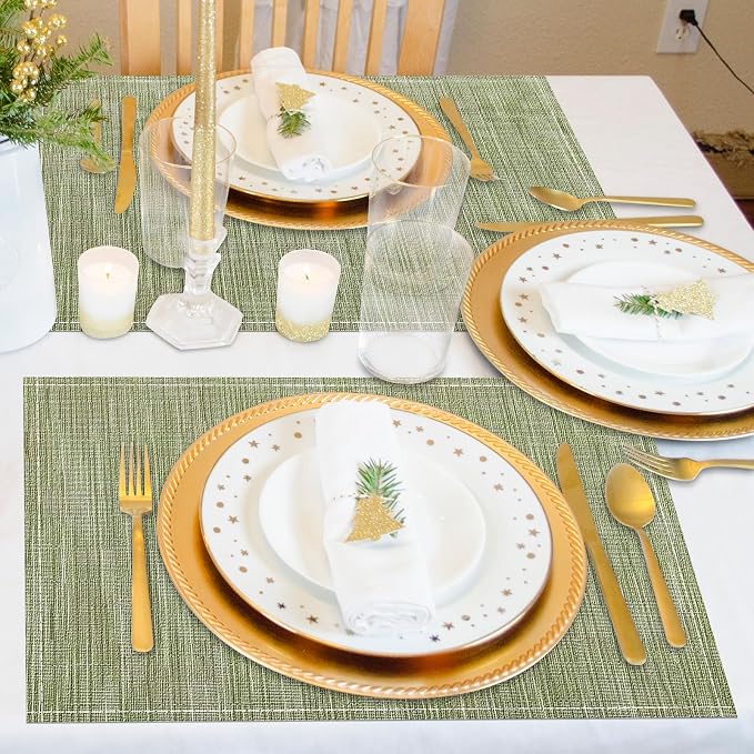 Green Placemats Set of 12, 12x18 Inch Washable Easy to Clean Heat-Resistant Anti-Skid Sage Green Placemats for Holiday Party Kitchen Dining Room Decoration