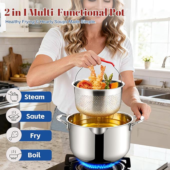 AOSION 6 Quart Stainless Steel Stock Pot with Deep Fryer Basket.
