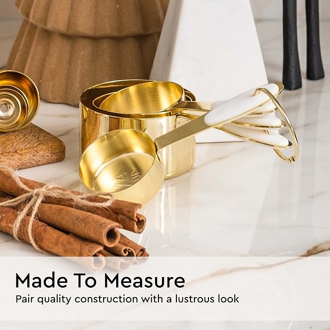 White and Gold Measuring Cups and Spoons Set – 8-Piece Stackable Stainless Steel Measuring Set – Stylish Gold Kitchen Accessories for Precise Baking and Cooking, Ideal Gift for Bakers and Chefs | Stainless Steel, 8-Piece Measuring Set with White Silico...