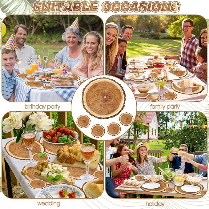 Geosar 200 Disposable Paper Placemats and Coasters Set Rustic Round Placemat with Coasters Farmhouse Table Decor for Greenery Jungle Dining Camping Backyard BBQ Birthday Woodland Wedding(Wood Grain)