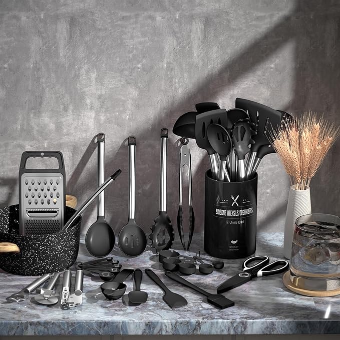 Umite Chef Thickened Kitchen Utensils Set- Silicone Cooking Utensils Set for Nonstick Cookware-Silicone Spatulas Set, Heavy Duty Stainless Steel Handle-Black Kitchen Gadgets Tools Set