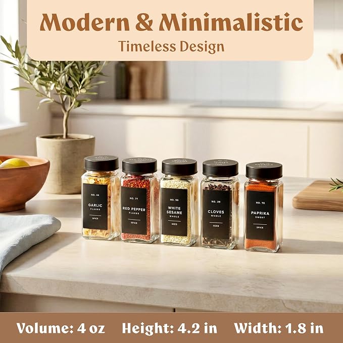 Square Glass Spice Jars (24 x 4oz) with Black Lids + Magnetic Spice Rack for Refrigerator (Fits 12 Jars) + Bonus Slim Auxiliary Rack, 240 Labels, Shaker Inserts, Funnel