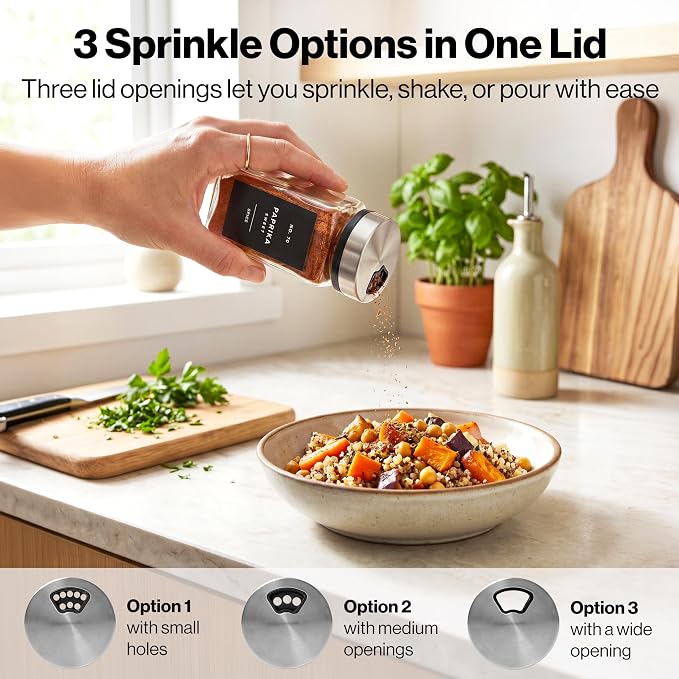 Glass Spice Jars with Label and Silver Sprinkle Lids (24 x 4oz) | Airtight Lids keep spices fresh, Kitchen Spice Drawer Organizer, 4oz Seasoning Containers incl. Funnel, Brush & 240 Labels