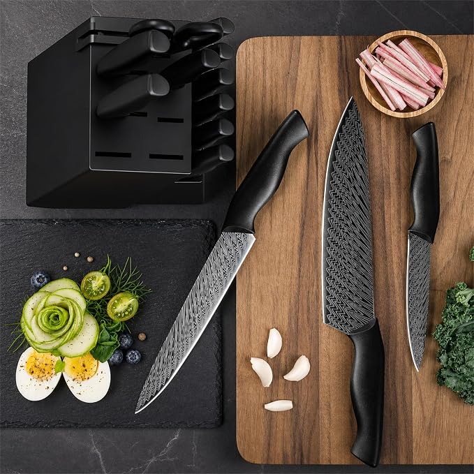 Knife Set, 15-Piece Kitchen Knife Set with Built-in Sharpener Block, German High-Carbon Stainless Steel, Dishwasher Safe, for Home Cooks and Everyday Meal Prep