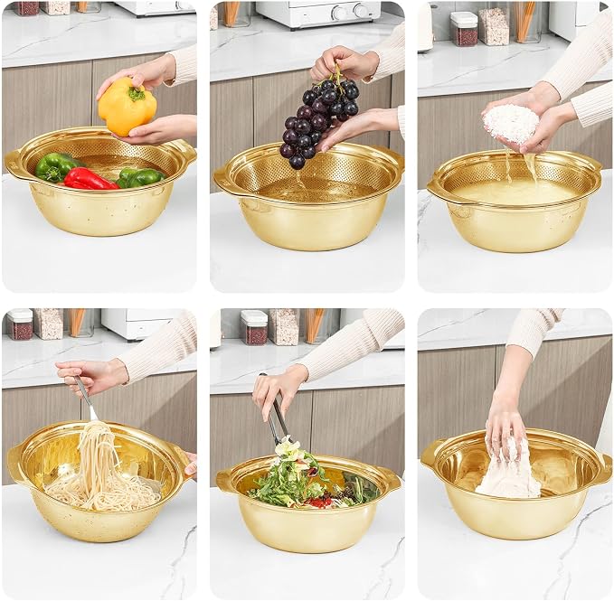 Paoli 304 Stainless Steel Fine Mesh Colander Set, 2.5QT Large Capacity Strainer with Mixing Bowl — Rinse Fruits, Veggies, Rice & Drain Pasta, Dishwasher Safe (2-Piece Gold)