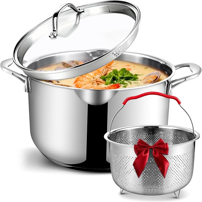 AOSION 6 Quart Stainless Steel Stock Pot with Deep Fryer Basket.