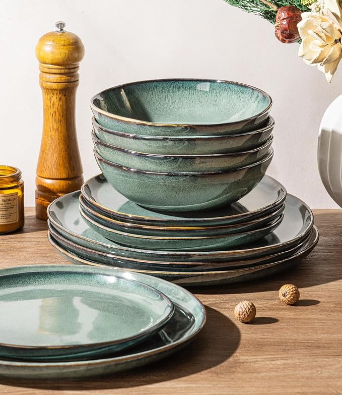 GBHOME Stoneware Dinnerware Sets for 4,12 Piece Rustic Plates and Bowls Set | Earthenware Handmade Reactive Glaze Plate Sets, Chip Resistant Ceramic Dishes, Microwave & Dishwasher Safe, Coastal Teal