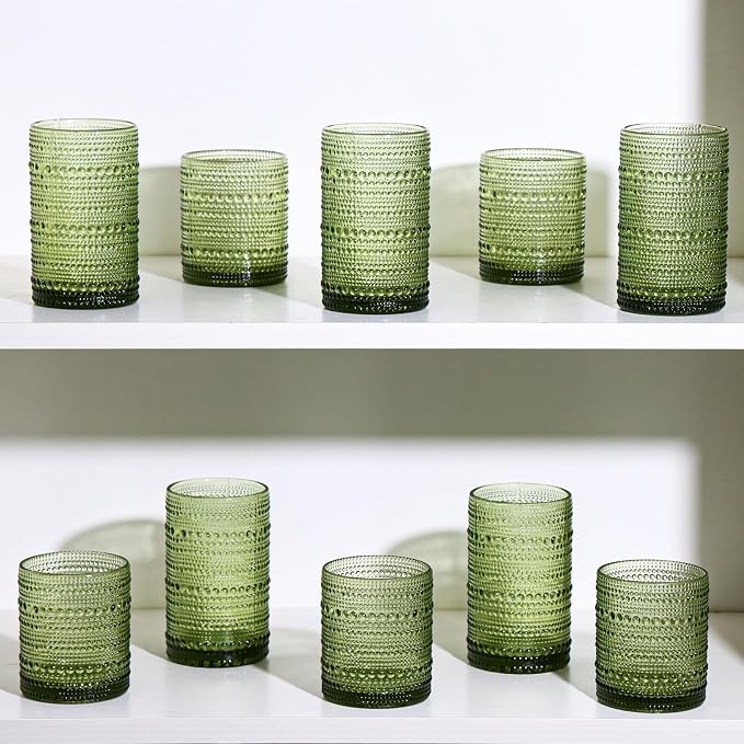 Moretoes Vintage Hobnail Drinking Glasses Set of 12,Green Water Glass Cups | Mixed Glassware Set, 6pcs 12oz Highballs and 6pcs 10oz Old Fashioned Glasses, Great for Cocktail, Whisky and Other Beverages