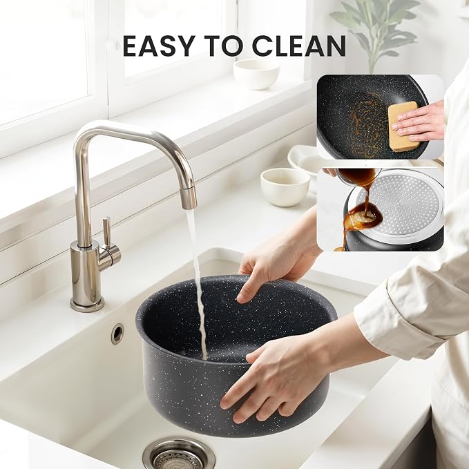 Simple Deluxe 12 Pcs Cookware Set, Non-Stick Pots and Pans Set, with Black Granite Texture and Detachable Handles, Resistant to High Temperatures, Oven Safe, PFAS and PFOA Free, Black