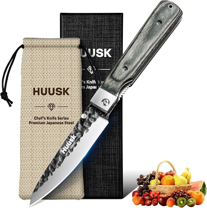 Huusk Japanese Folding Fruit Knife - Pocket Paring Knife | Portable Kitchen Knives, Hand Forged Blade, Wooden Handle, Gift Box, For BBQ, for Camping and Travel