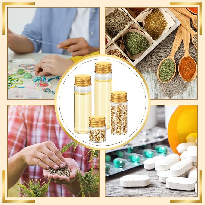 Didaey 100 Pcs Small Clear Vials Spice Mini Jars with Lids Mini Glass Bottles with Screw Aluminum Metal Caps Tiny Jars Sample Containers for Powder Cream Cosmetic Jewelry Wedding (4 Size,Gold Caps)