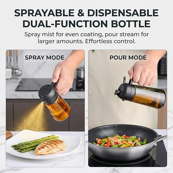 2-in-1 Oil Sprayer and Dispenser for Kitchen- 2 x 16 oz Pack, Never Drip Design, Precise Oil Control for Air Fryer, Roasting, Grilling, Barbecue and Salad. (Black, Green)