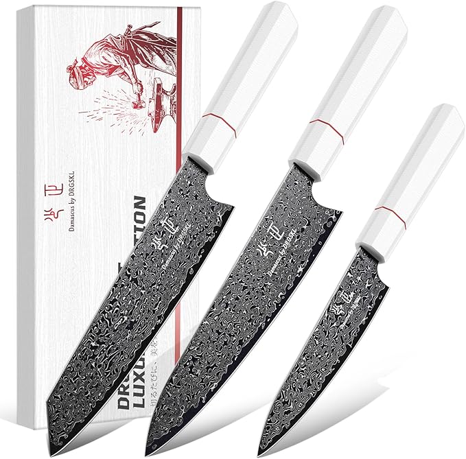 DRGSKL Japanese Knife Set Damascus - VG10 Kitchen Knife Set 3 PCS | Japanese VG10 Core, Black Anti-corrosion Coating, Damascus Blade, G10 Handle, Gift Box, Wet Edge Grinding Technology