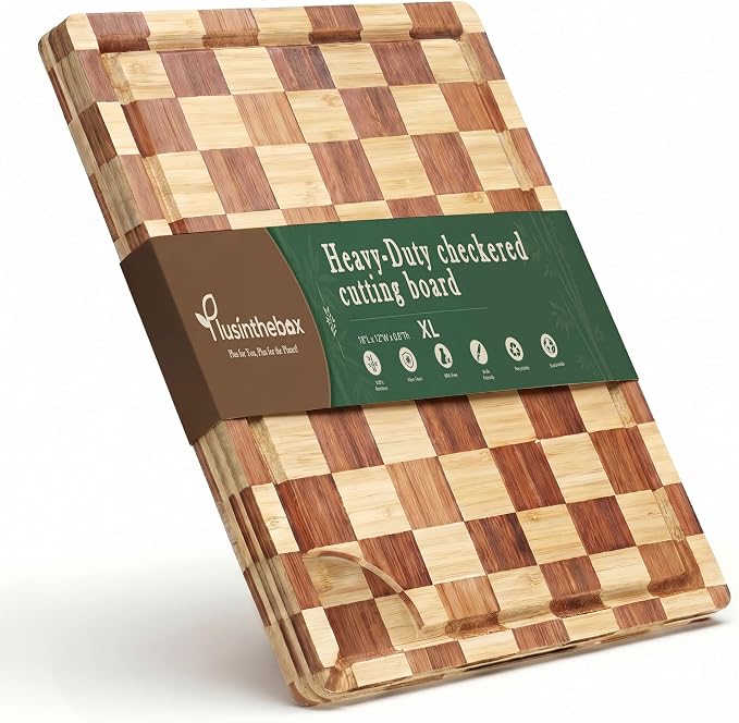 Bamboo Cutting Board 18" x 12", Heavy Duty End Grain Butcher Block for Kitchen, Wooden Chopping Board with Deep Juice Grooves and Handles for Cheese, Charcuterie, Meat, Serving and Gifting
