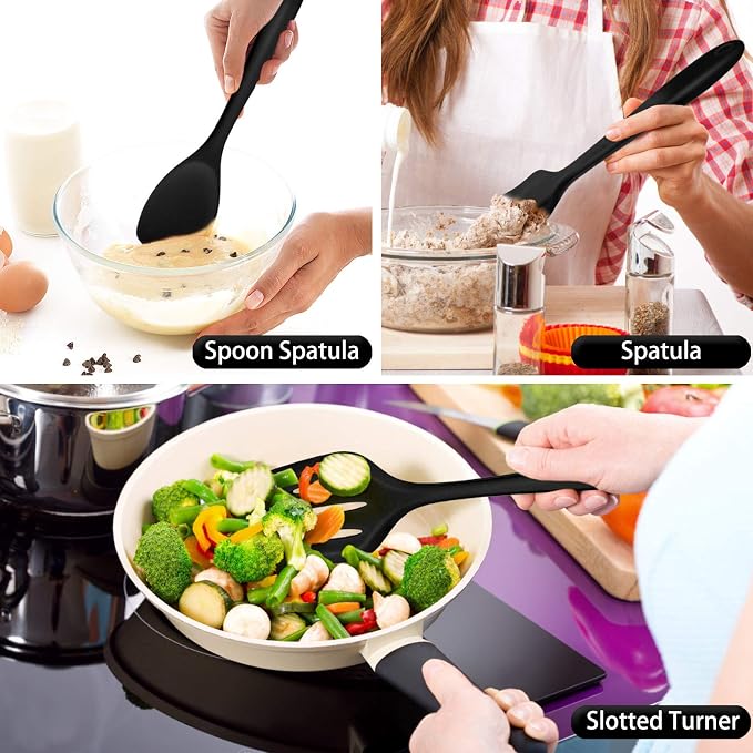 P&P CHEF Black Kitchen Utensils, Silicone Cooking Utensil Set of 7 | Soft Spatula for Nonstick Cookware, Slotted Turner, Soup Ladle, Pasta Server, Spoon for Cooking, Dishwasher Safe & Heat Proof