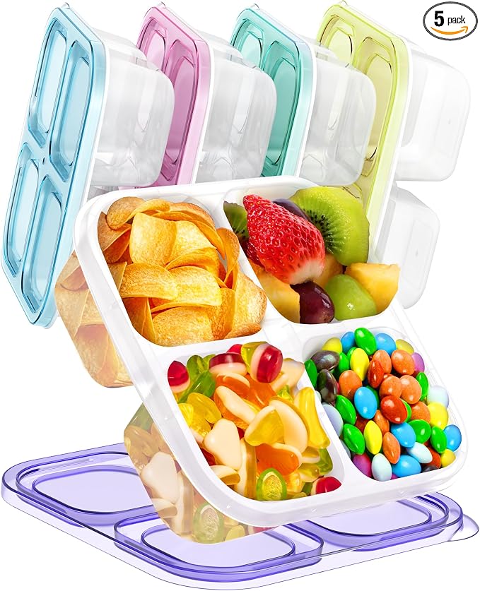 Canfanni 5 Pcs Bento Snack Containers, Reusable 4 Compartment Divided Food Storage Containers, Divided Lunchable Container for School, Work and Travel (All Transparent)