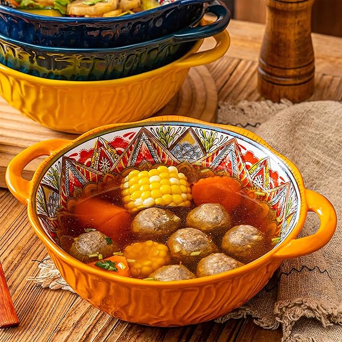 XKXKKE 4 Pack Boho Ceramic Serving Bowls with Handles, 40 Oz Porcelain Salad Bowls, Large Serving Dishes for Entertaining, Mixing Bowls for Soup, Stew, Pasta, Cereal, Colorful Embossed Cute Bowls Set