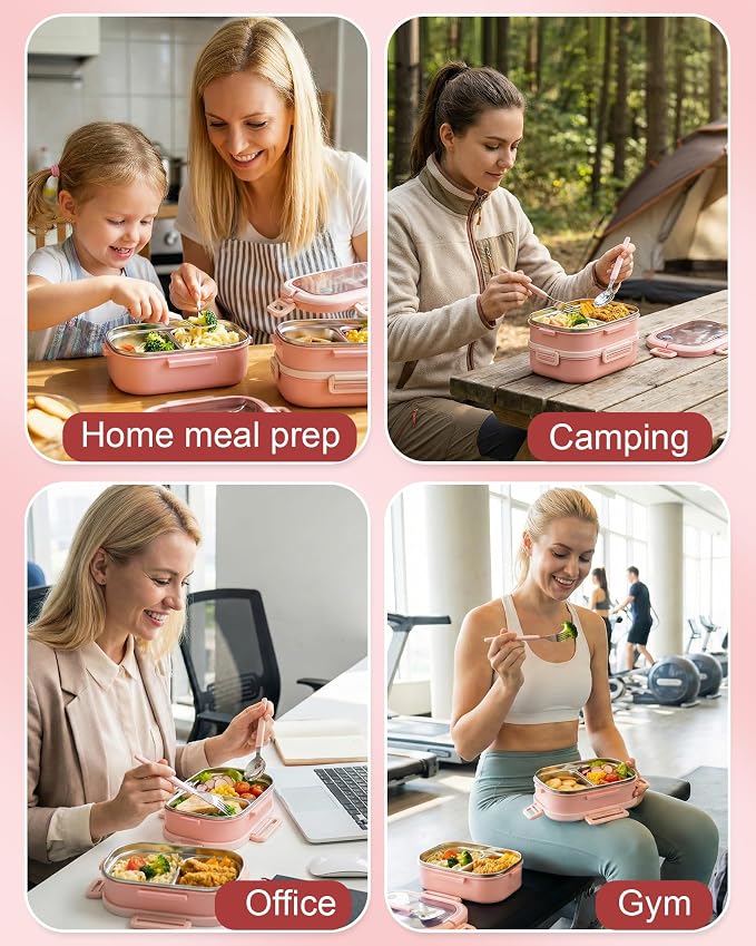 Lille Home Stackable Stainless Steel Bento Lunch Box + Insert Cutlery, 56oz | 2 Tier Leakproof Metal Lunch Boxes, 4-Compartment Food Containers for Work, Picnic, Meal Prep & Portion Control (Pink)