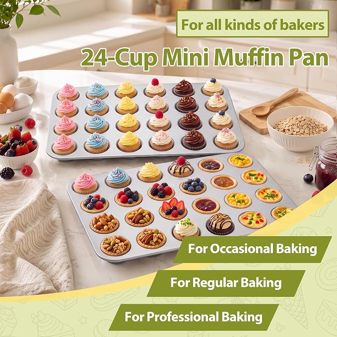 TeamFar Mini Muffin Pan, Stainless Steel 24-Cup Muffin Tin for Baking- 2PCS | Small Cupcake Pan Tray for Egg Bites Mini Cakes Quiches, Brunches Parties Birthday Treats, Healthy & Sturdy, Dishwasher Safe