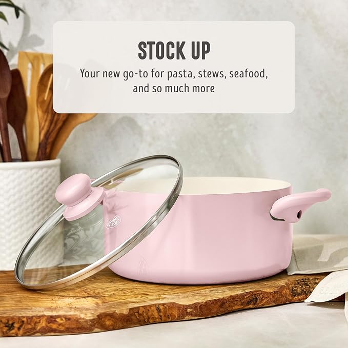 GreenLife 5QT Ceramic Nonstick Stockpot with Lid, Blush Pink | PFAS-Free Nonstick Coating, Casserole Pot, Soup Pot, Pasta Pot, Induction Ready, All Stovetop Compatible, Dishwasher Safe