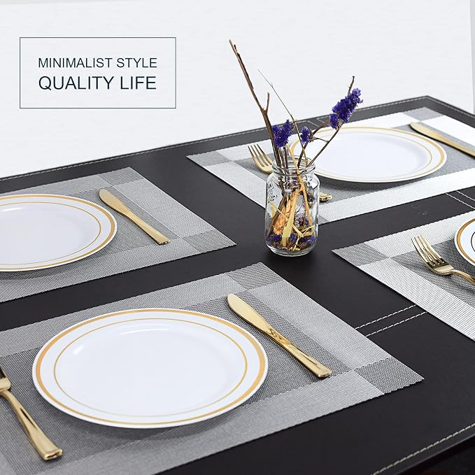 Placemats,Table Place Mats for Kitchen Dining, Heat-Resistant Anti-Skid Stain Washable PVC Table Mats, Easy to Cleaning Woven Vinyl Dinner Mats (Dark Silver, 6 Pack)