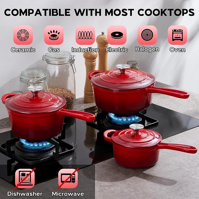 Onader Cast Iron Sauce Pan Pot, 1QT & 2QT & 3QT Small Saucepan with Lid, Enameled Cast Iron Dutch Oven Cooking Kitchen Pot, Nonstick & Heavy Duty – Red