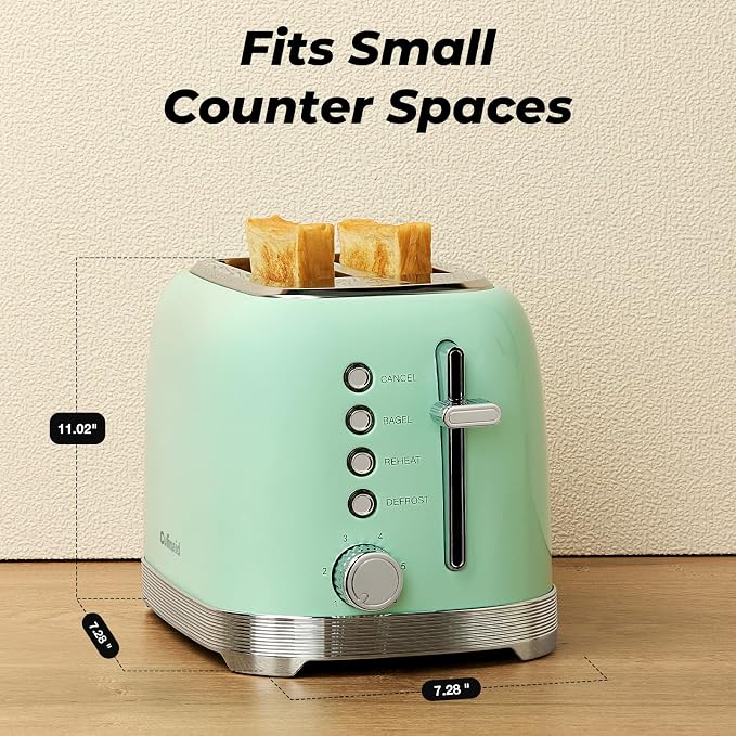 Toaster 2 Slice Retro Stainless Steel, Aqua Green | 1.5” Extra Wide Slots with Bagel, Defrost, Reheat, Cancel Functions, 6 Bread Shade Settings, Removable Crumb Tray
