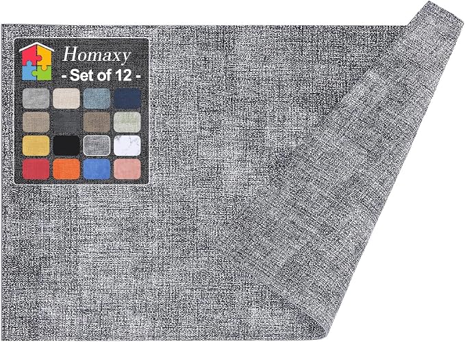 Homaxy PU Faux Leather Placemats for Dining Table, Set of 12, Black & White | Waterproof Wipeable Washable Table Mats, Easy to Clean Anti-Slip Place Mats, 11.8" x 17"