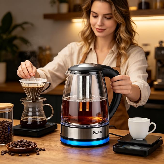 Electric Kettle, 7 Colors LED, Removable Tea Infuser, Glass Tea Kettle, 360° Swivel Base, BPA Free, Stainless Steel, Auto Shut-Off, Boil Dry and Overheat Protection for Coffee 1.8 L
