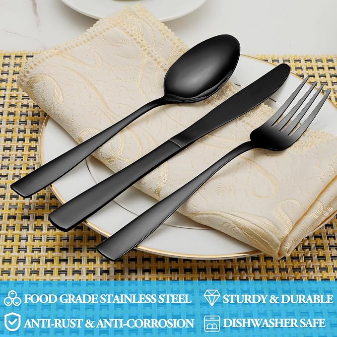 60 Pcs Black Silverware Set, Stainless Steel Flatware Set Service for 12, Mirror Polished Cutlery Utensil Set, Durable Home Kitchen Eating Tableware Set, Include Fork Knife Spoon Set, Dishwasher Safe
