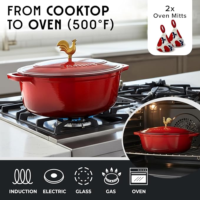 MUELLER HOME 5.5 Quart Enameled Cast Iron Oval Dutch Oven w Rooster Knob & Cotton Potholders, Heavy-Duty Cookware, Oven-Safe up to 500° F & Across All Cooktops, Gifts for Grandma & Women, Red | w Rooster Knob & Cotton Potholders, Heavy-Duty Cookware, O...