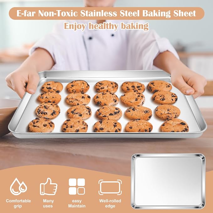 E-far Stainless Steel Baking Sheet Set of 2, 16” x12” x 1” Cookie Sheet Pan | Non-toxic Metal Trays for Oven Baking Cake Cookie, Healthy & Rust Free, Mirror Finish & Dishwasher Safe
