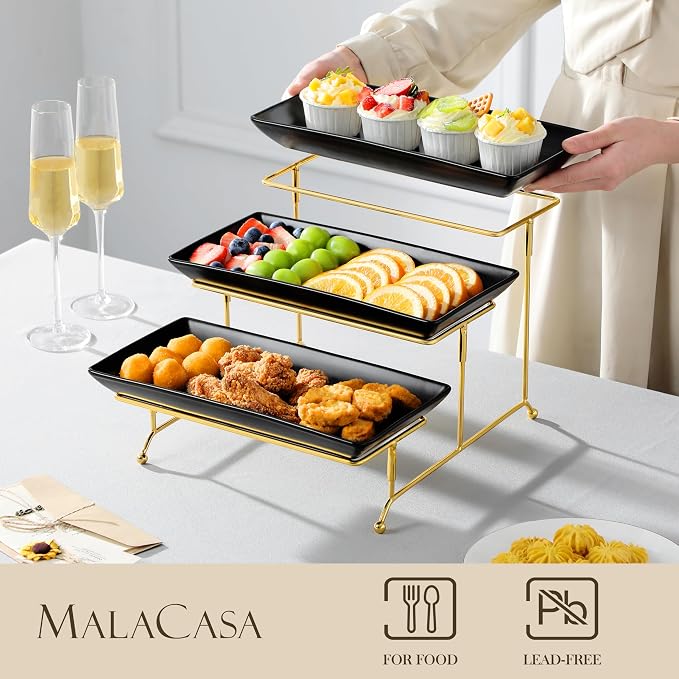 MALACASA 3 Tier Serving Trays for Party, 12 Inch Porcelain Black Trays for Serving Food, Dessert Stand with Collapsible Gold Metal Rack | Tiered Serving Stand for Party, Fruit Tray, Trays for Serving Food, Dessert Stand with Collapsible Sturdier Gold M...