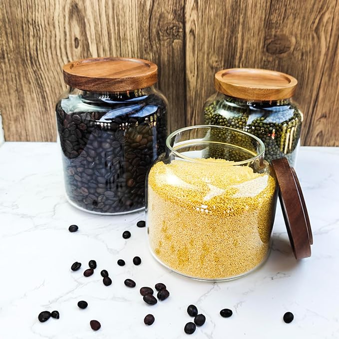 1PC Glass Storage Jars with Airtight Lids, 44 fl oz (1300ml) coffee container with Wooden Lid, Glass Pantry Canister for Beans, Rice, Sugar and etc