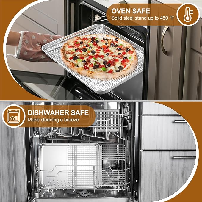 E-far Baking Sheet with Wire Rack Set, 16" x 12" (1 Pan +1 Cooling Rack) | Stainless Steel Sheet Pan with Cooling Rack for Oven, Large Metal Bacon Tray for Cooking Roasting, Non-Toxic, Dishwasher Safe
