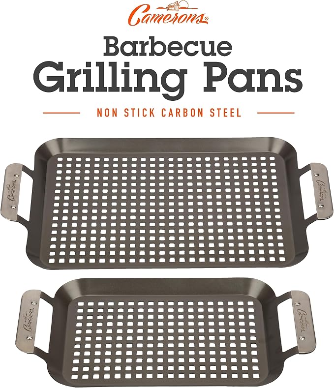 Camerons BBQ Grill Topper Non-Stick Grilling Pans, 2 Pack | Barbecue Trays with Stainless Steel Handles, Indoor Outdoor Use for BBQ Smoked Meat, Veggies & Seafood, Grilling Gift for Men