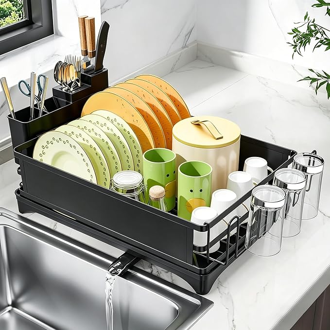 Simple Trending Dish Drying Rack for Kitchen Counter, 12" D x 16" W, Black | Stainless Steel Dish Rack for Kitchen Counter, Dish Drainer with Cutlery & Cup Holders, Anti-Rust, Counter Space Saving