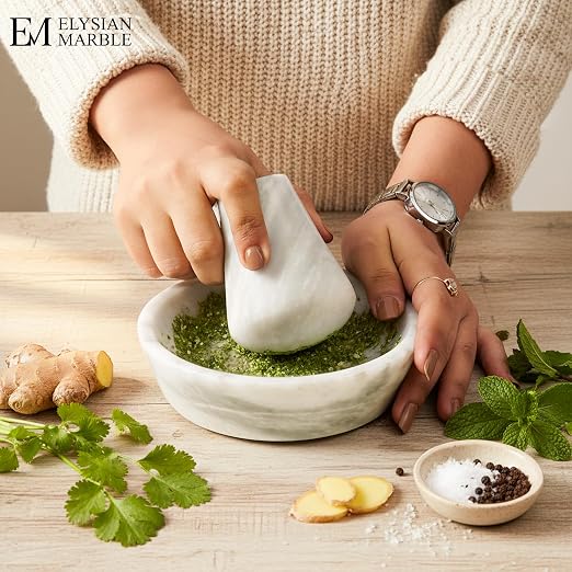 Mortar and Pestle Set, White Marble 5.5 Inch Wide Shallow Mortar with Pestle, Manual Spice Grinder for Herbs, Garlic, Ginger, Pesto, Guacamole, Salsa and Fresh Seasoning
