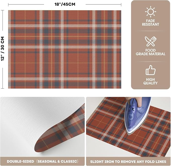 Artoid Mode Stripe Plaid Vinyl Placemats Set of 4, 12x18 Inch Washable Non-Slip Heat Resistant Plastic Place Mats for Party Dining Table, Rust