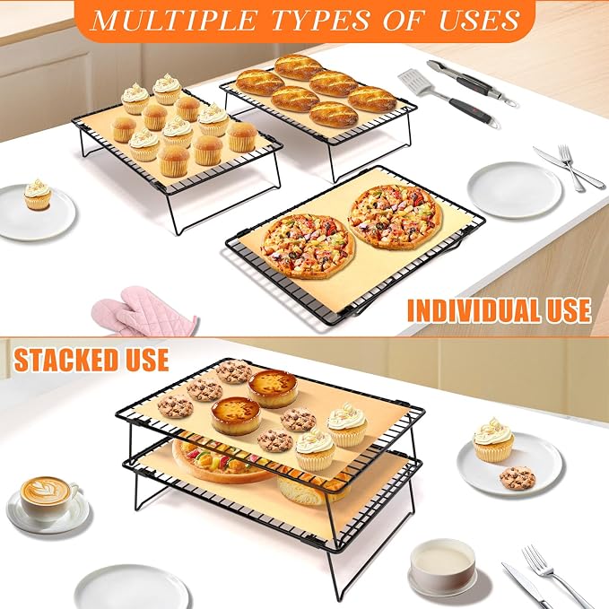 2-Tier Baking Cooling Rack with Legs, 13"x 9" w/50 Parchment Paper | Stackable Cooling Racks for Baking, Collapsible Wire Rack for Cooling Cookies, Cakes, Bread, Pizza, Dishwasher Safe