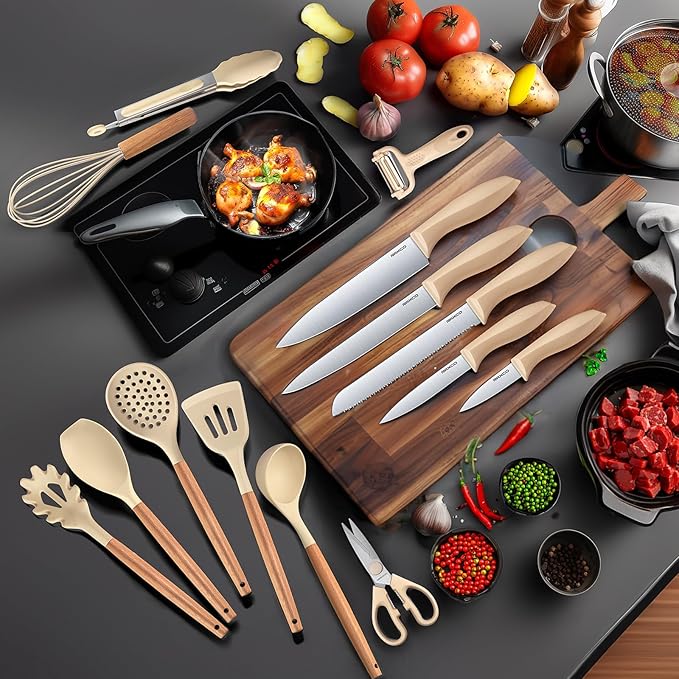 Cooking Utensils Set,18-Piece Kitchen Utensils and Knife Set,Khiki | Food-grade Silicone Utensils Heat-resistant to 410°F,5-Piece Stainless Steel Kitchen Knife with Sharpener and Cutting Board
